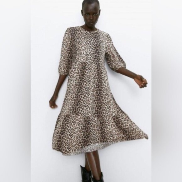 Zara Tiered Leopard Print Midi Dress - Picture 1 of 8